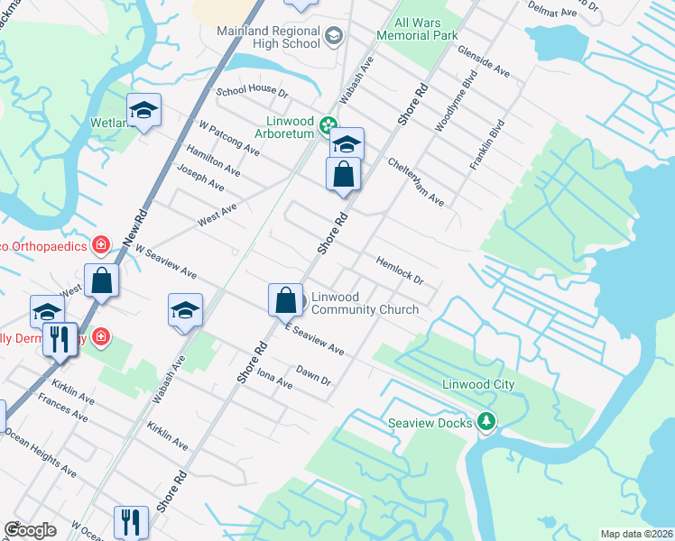 map of restaurants, bars, coffee shops, grocery stores, and more near 1711 Woodlynne Boulevard in Linwood