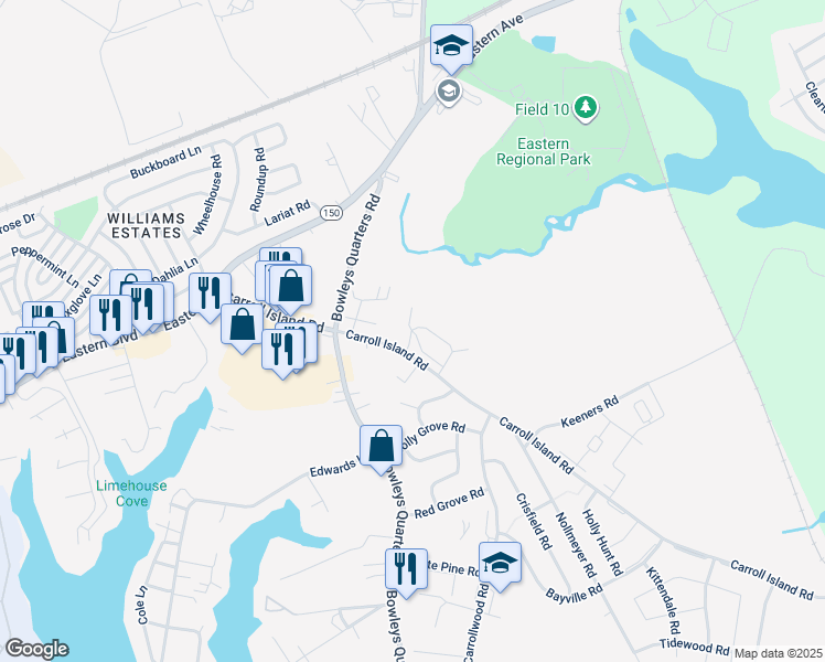 map of restaurants, bars, coffee shops, grocery stores, and more near 3813 Dunsmuir Circle in Middle River