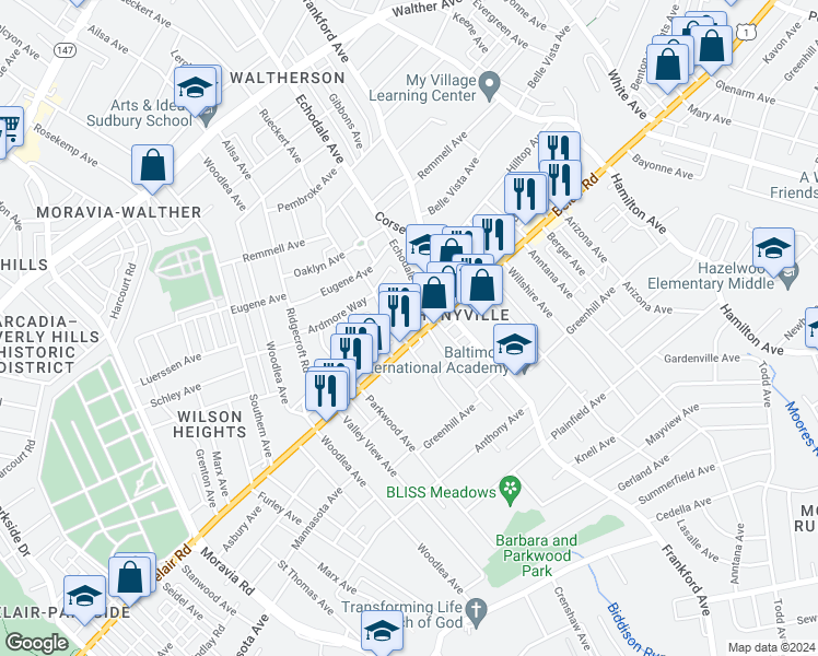 map of restaurants, bars, coffee shops, grocery stores, and more near 5208 Belair Road in Baltimore