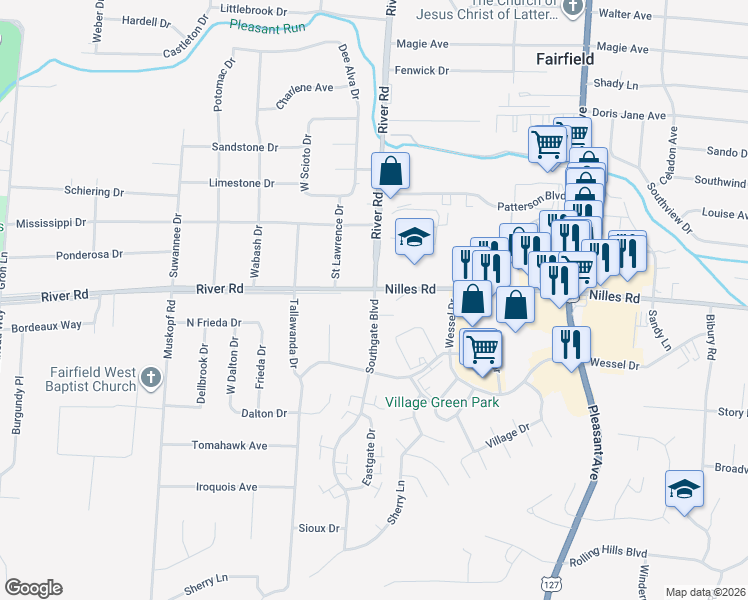 map of restaurants, bars, coffee shops, grocery stores, and more near 311 Nilles Road in Fairfield