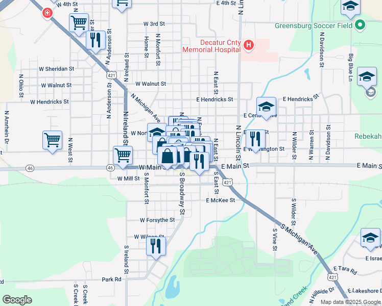 map of restaurants, bars, coffee shops, grocery stores, and more near 149 East Washington Street in Greensburg