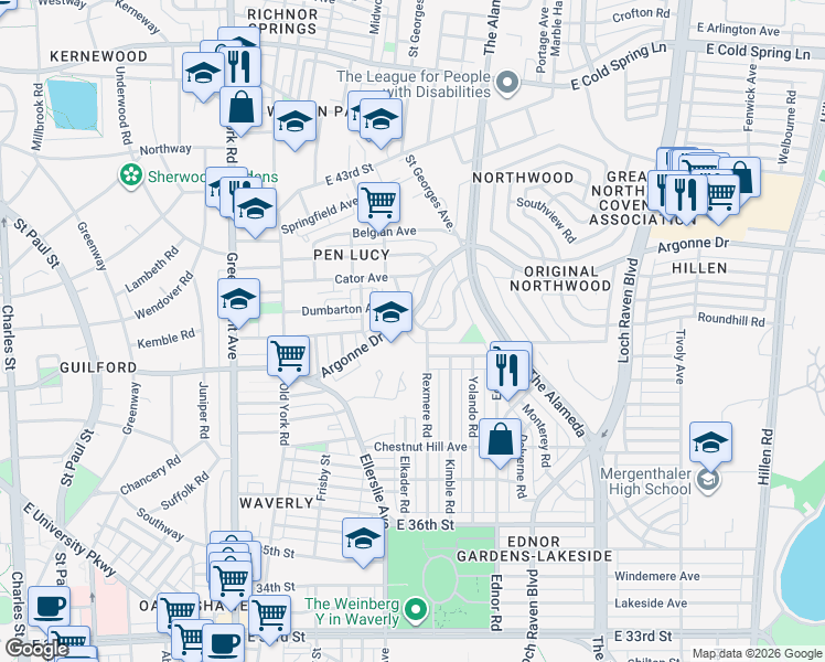 map of restaurants, bars, coffee shops, grocery stores, and more near 907 North Hill Road in Baltimore