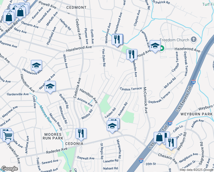 map of restaurants, bars, coffee shops, grocery stores, and more near 5651 Whitby Road in Baltimore