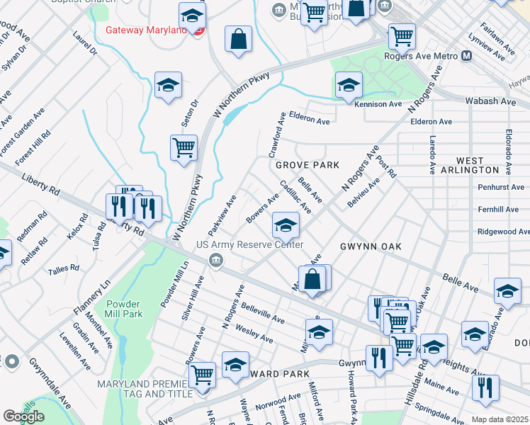 map of restaurants, bars, coffee shops, grocery stores, and more near 3709 Bowers Avenue in Baltimore