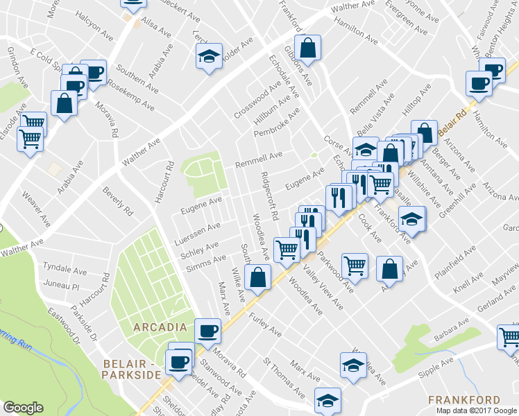 map of restaurants, bars, coffee shops, grocery stores, and more near 3910 Woodlea Ave in Baltimore