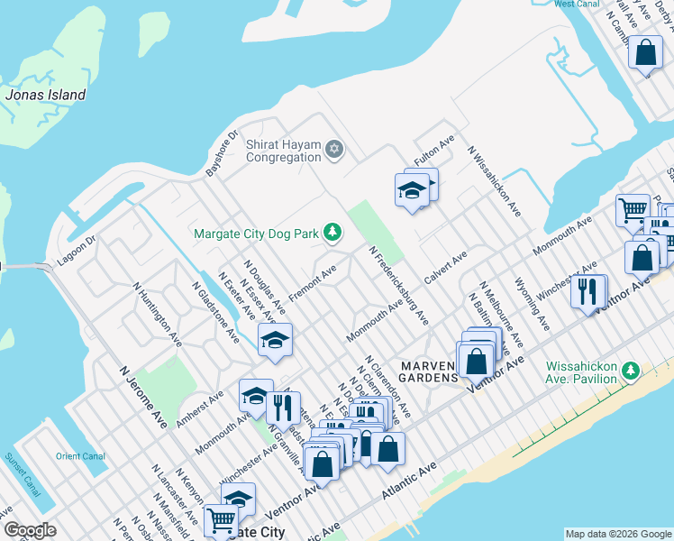 map of restaurants, bars, coffee shops, grocery stores, and more near 7506 Fremont Ave in Margate City