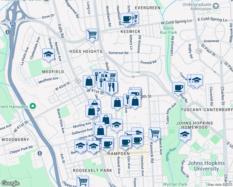 map of restaurants, bars, coffee shops, grocery stores, and more near 4003 Roland Avenue in Baltimore