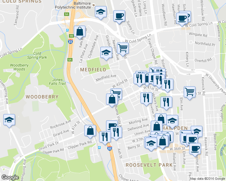 map of restaurants, bars, coffee shops, grocery stores, and more near Buena Vista Avenue & North Weldon Place in Baltimore
