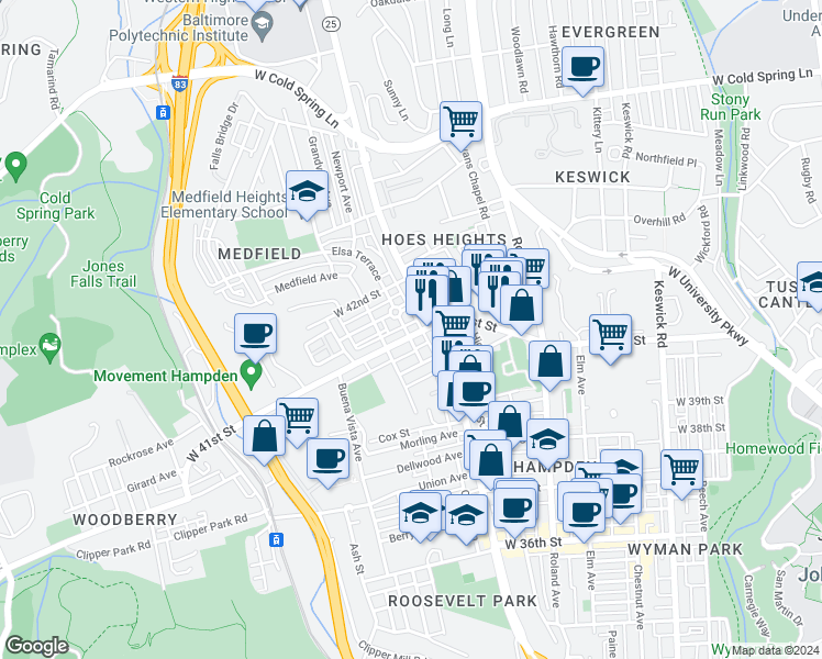 map of restaurants, bars, coffee shops, grocery stores, and more near 1210 West 41st Street in Baltimore