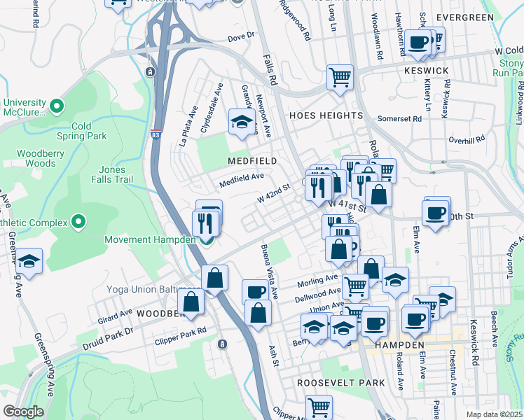 map of restaurants, bars, coffee shops, grocery stores, and more near 4135 Buena Vista Avenue in Baltimore