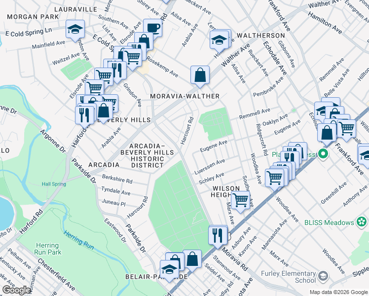 map of restaurants, bars, coffee shops, grocery stores, and more near 4505 Harcourt Road in Baltimore
