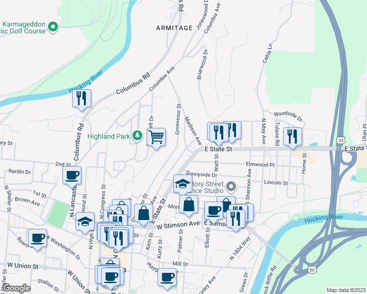 map of restaurants, bars, coffee shops, grocery stores, and more near 143 Franklin Avenue in Athens