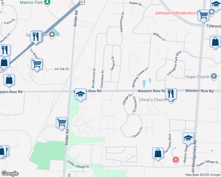 map of restaurants, bars, coffee shops, grocery stores, and more near 540 Western Row Road in Mason