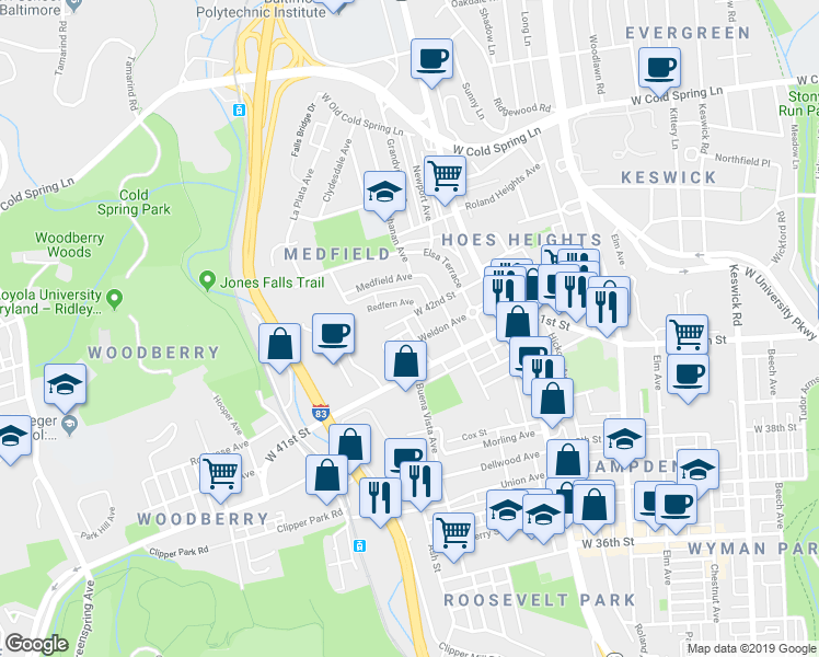 map of restaurants, bars, coffee shops, grocery stores, and more near 1400 North Weldon Place in Baltimore