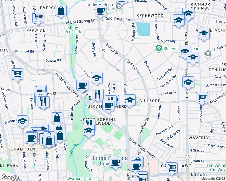 map of restaurants, bars, coffee shops, grocery stores, and more near 3938 Cloverhill Road in Baltimore