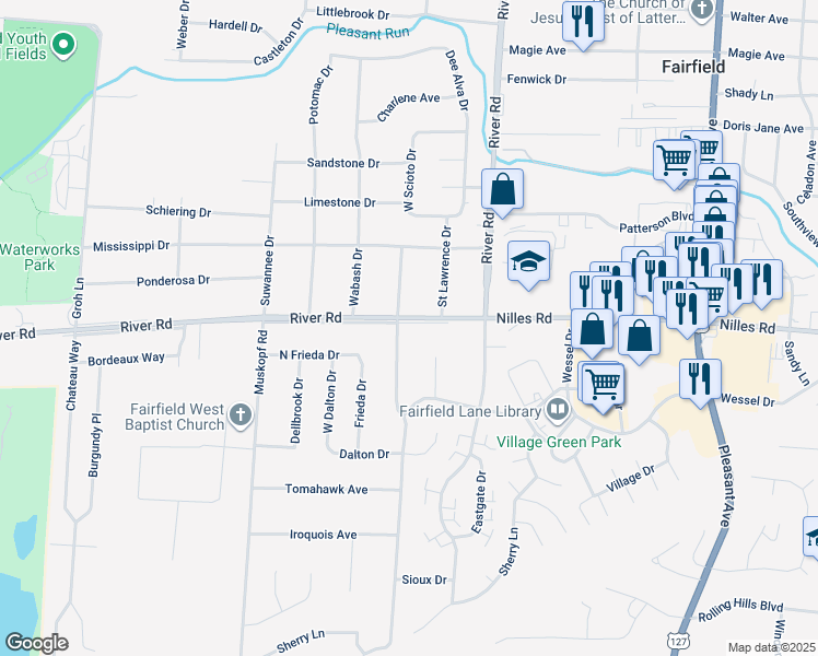 map of restaurants, bars, coffee shops, grocery stores, and more near 5279 River Road in Fairfield