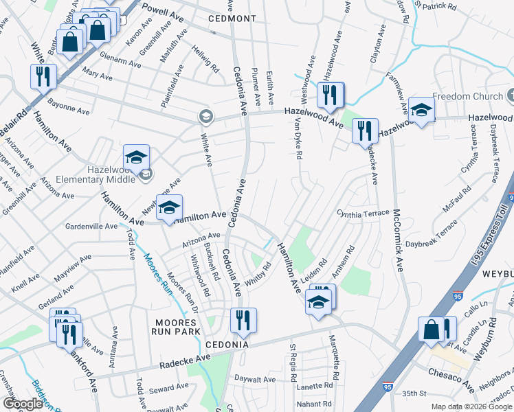 map of restaurants, bars, coffee shops, grocery stores, and more near 5309 Valiquet Avenue in Baltimore