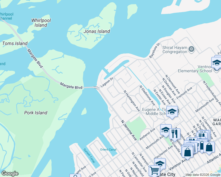 map of restaurants, bars, coffee shops, grocery stores, and more near 30 Bayside Court in Margate City