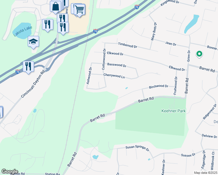 map of restaurants, bars, coffee shops, grocery stores, and more near 8550 Cottonwood Drive in Butler County