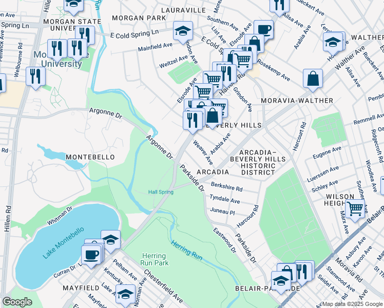 map of restaurants, bars, coffee shops, grocery stores, and more near 3006 Iona Terrace in Baltimore