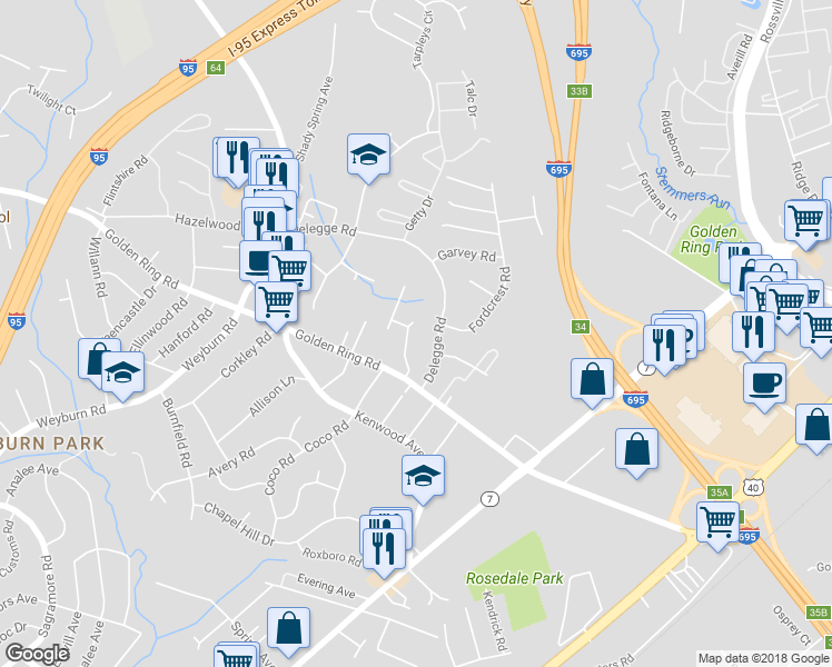 map of restaurants, bars, coffee shops, grocery stores, and more near 8613 Wilenoak Ct in Rosedale