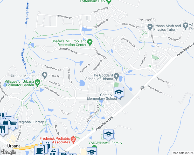 map of restaurants, bars, coffee shops, grocery stores, and more near 3960 Addison Woods Road in Frederick