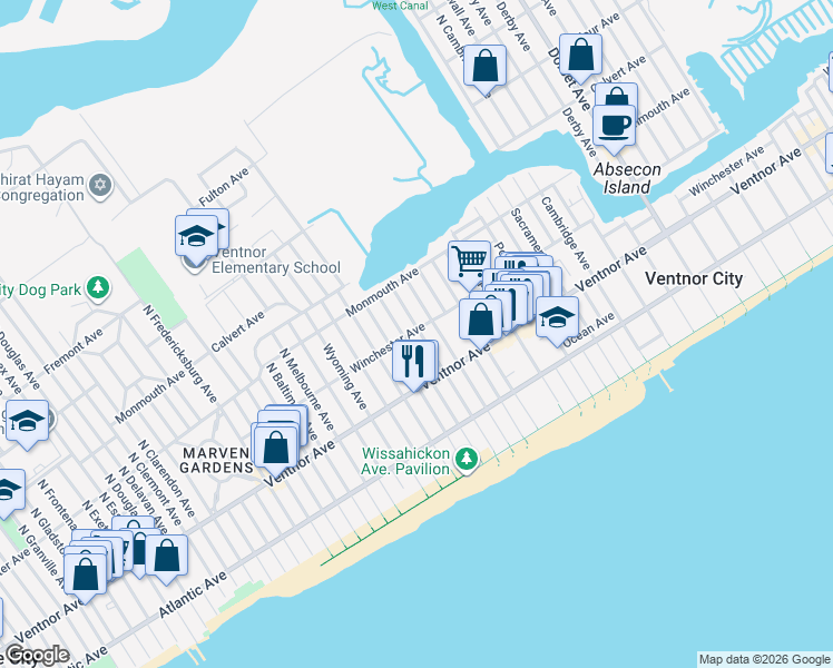 map of restaurants, bars, coffee shops, grocery stores, and more near 26 North Richards Avenue in Ventnor City