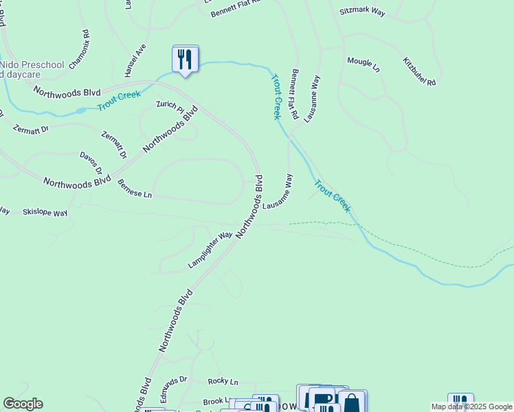 map of restaurants, bars, coffee shops, grocery stores, and more near Northwoods Boulevard & Lausanne Way in Truckee