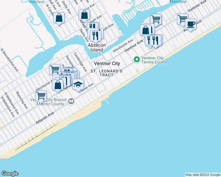 map of restaurants, bars, coffee shops, grocery stores, and more near 6003 Boardwalk in Ventnor City