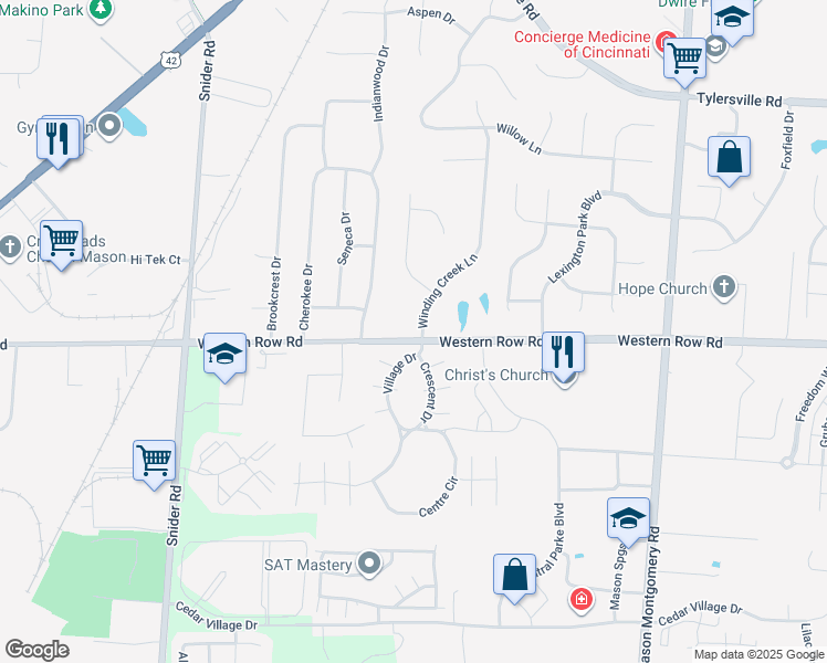map of restaurants, bars, coffee shops, grocery stores, and more near 2097 Winding Creek Lane in Mason