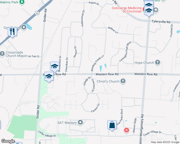 map of restaurants, bars, coffee shops, grocery stores, and more near 2097 Winding Creek Lane in Mason