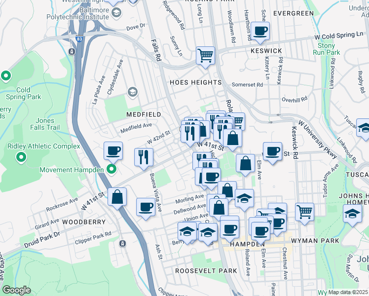map of restaurants, bars, coffee shops, grocery stores, and more near 1206 West 41st Street in Baltimore