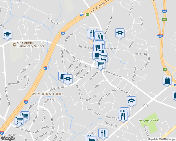 map of restaurants, bars, coffee shops, grocery stores, and more near 1822 Weyburn Road in Rosedale