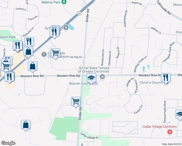 map of restaurants, bars, coffee shops, grocery stores, and more near 756 Western Row Road in Mason