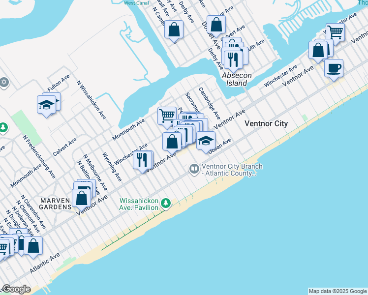 map of restaurants, bars, coffee shops, grocery stores, and more near 6517 Ventnor Avenue in Ventnor City