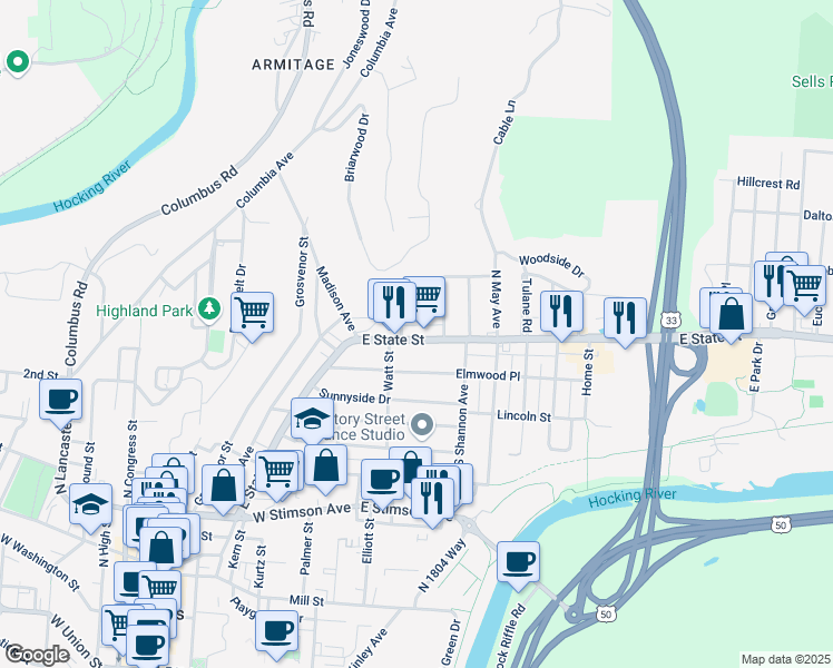 map of restaurants, bars, coffee shops, grocery stores, and more near 285 East State Street in Athens