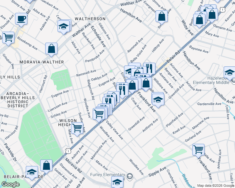 map of restaurants, bars, coffee shops, grocery stores, and more near 4017 Biddison Lane in Baltimore