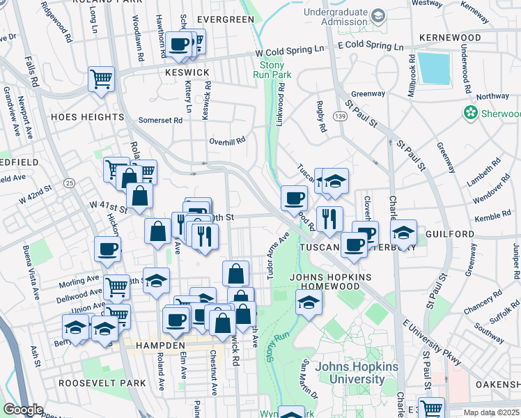 map of restaurants, bars, coffee shops, grocery stores, and more near 603 West University Parkway in Baltimore