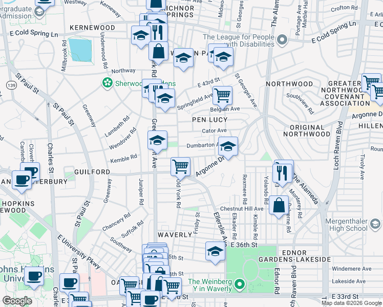 map of restaurants, bars, coffee shops, grocery stores, and more near 610 Wyanoke Avenue in Baltimore