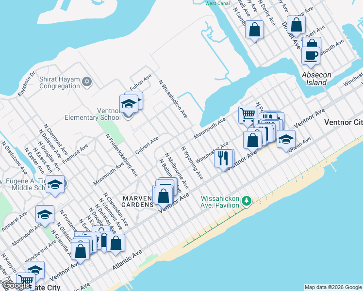 map of restaurants, bars, coffee shops, grocery stores, and more near North Wyoming Avenue in Ventnor City