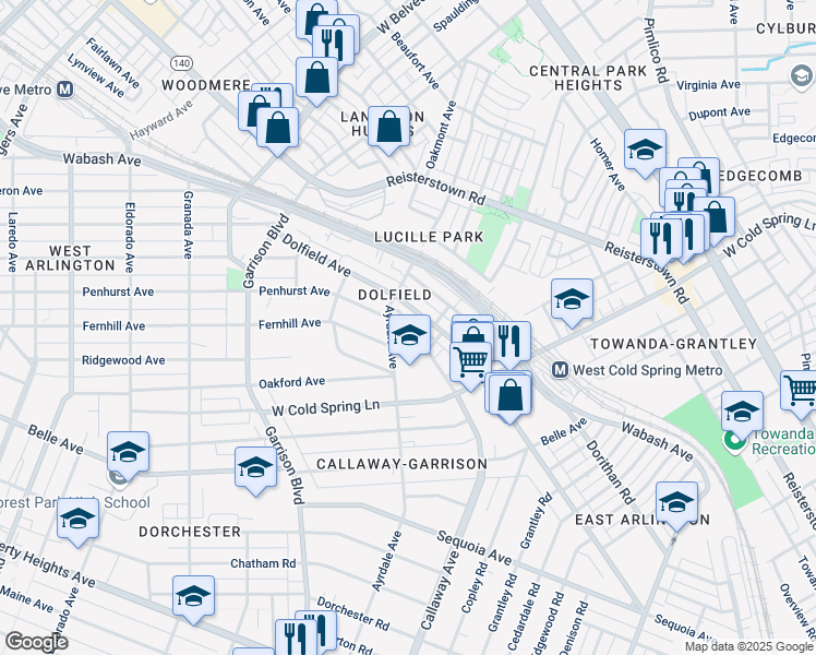 map of restaurants, bars, coffee shops, grocery stores, and more near 3737 Crestfield Court in Baltimore