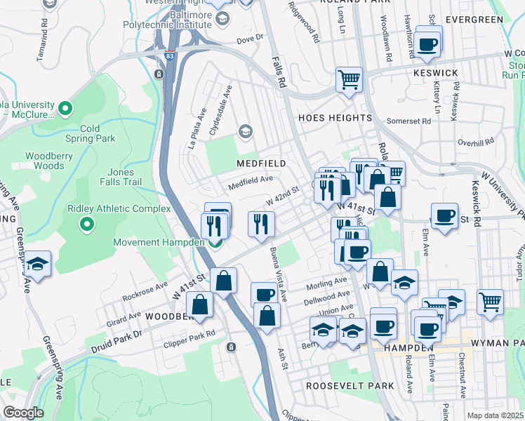 map of restaurants, bars, coffee shops, grocery stores, and more near 1400 Weldon Place North in Baltimore