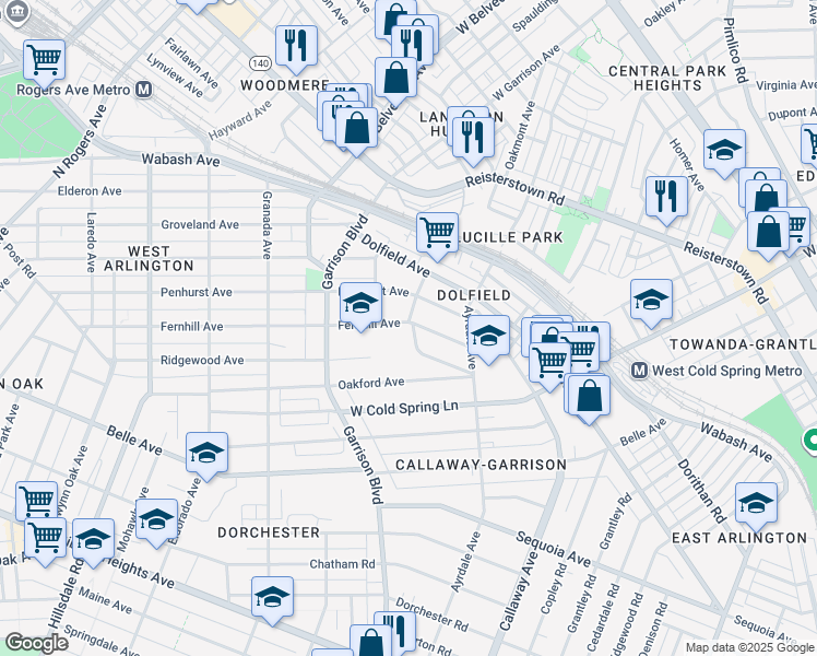map of restaurants, bars, coffee shops, grocery stores, and more near 3901 Fernhill Avenue in Baltimore