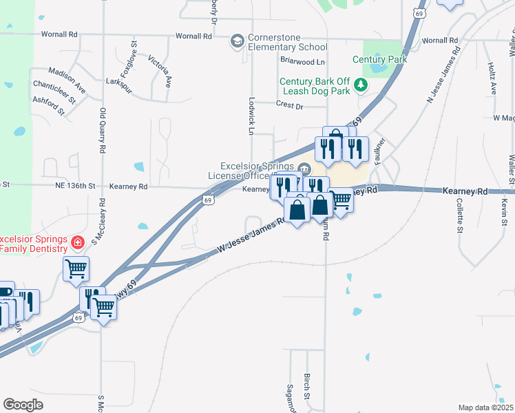 map of restaurants, bars, coffee shops, grocery stores, and more near 1800 West Jesse James Road in Excelsior Estates