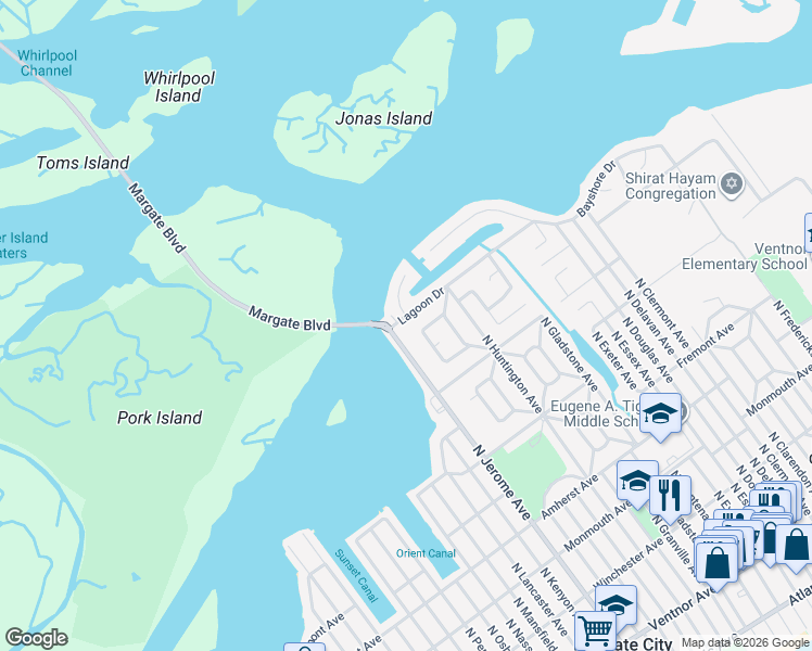 map of restaurants, bars, coffee shops, grocery stores, and more near 809 North Jerome Avenue in Margate City