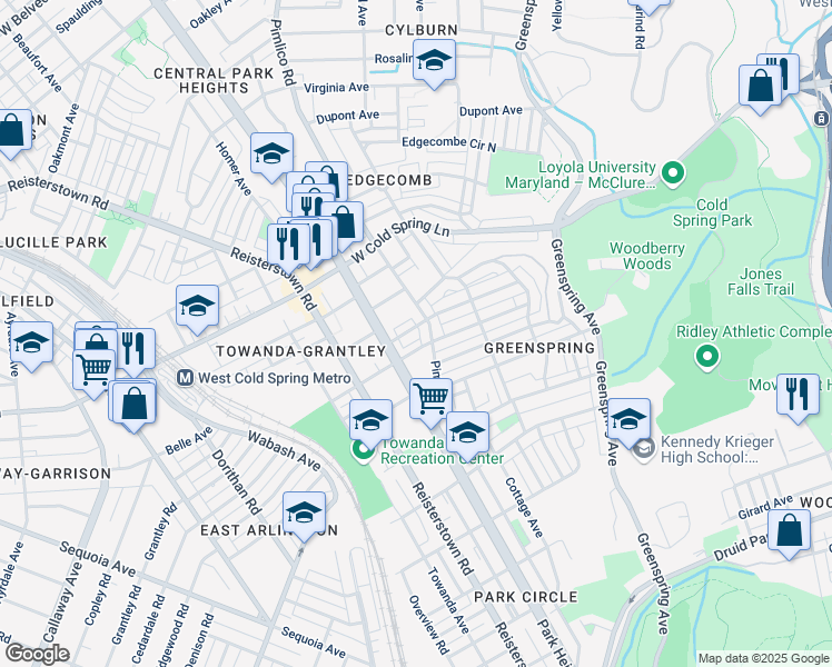 map of restaurants, bars, coffee shops, grocery stores, and more near 2651 Park Heights Terrace in Baltimore