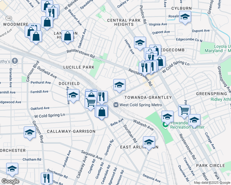 map of restaurants, bars, coffee shops, grocery stores, and more near 3010 West Cold Spring Lane in Baltimore