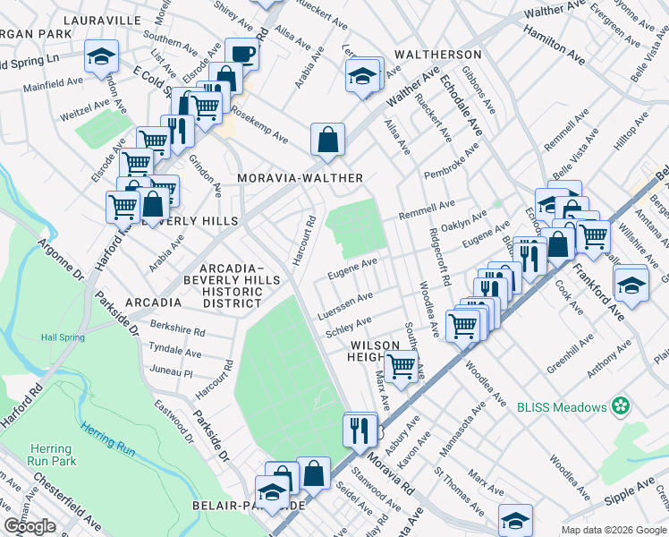 map of restaurants, bars, coffee shops, grocery stores, and more near 4612 Eugene Ave in Baltimore