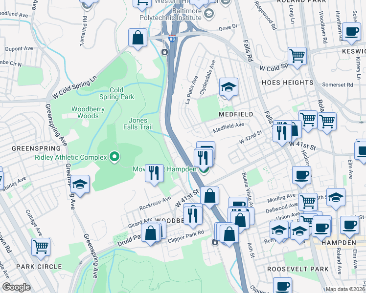 map of restaurants, bars, coffee shops, grocery stores, and more near 1630 West 41st Street in Baltimore