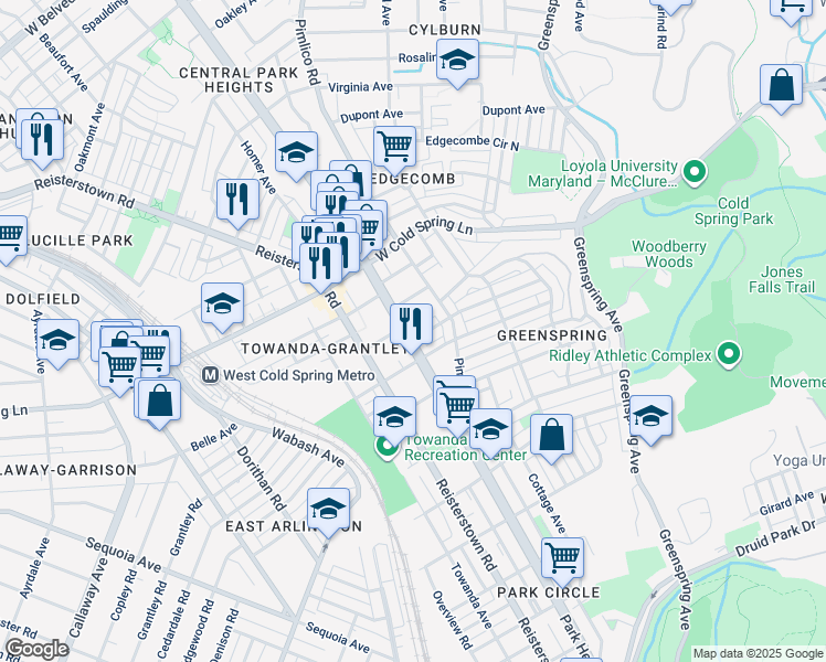 map of restaurants, bars, coffee shops, grocery stores, and more near 4225 Park Heights Avenue in Baltimore